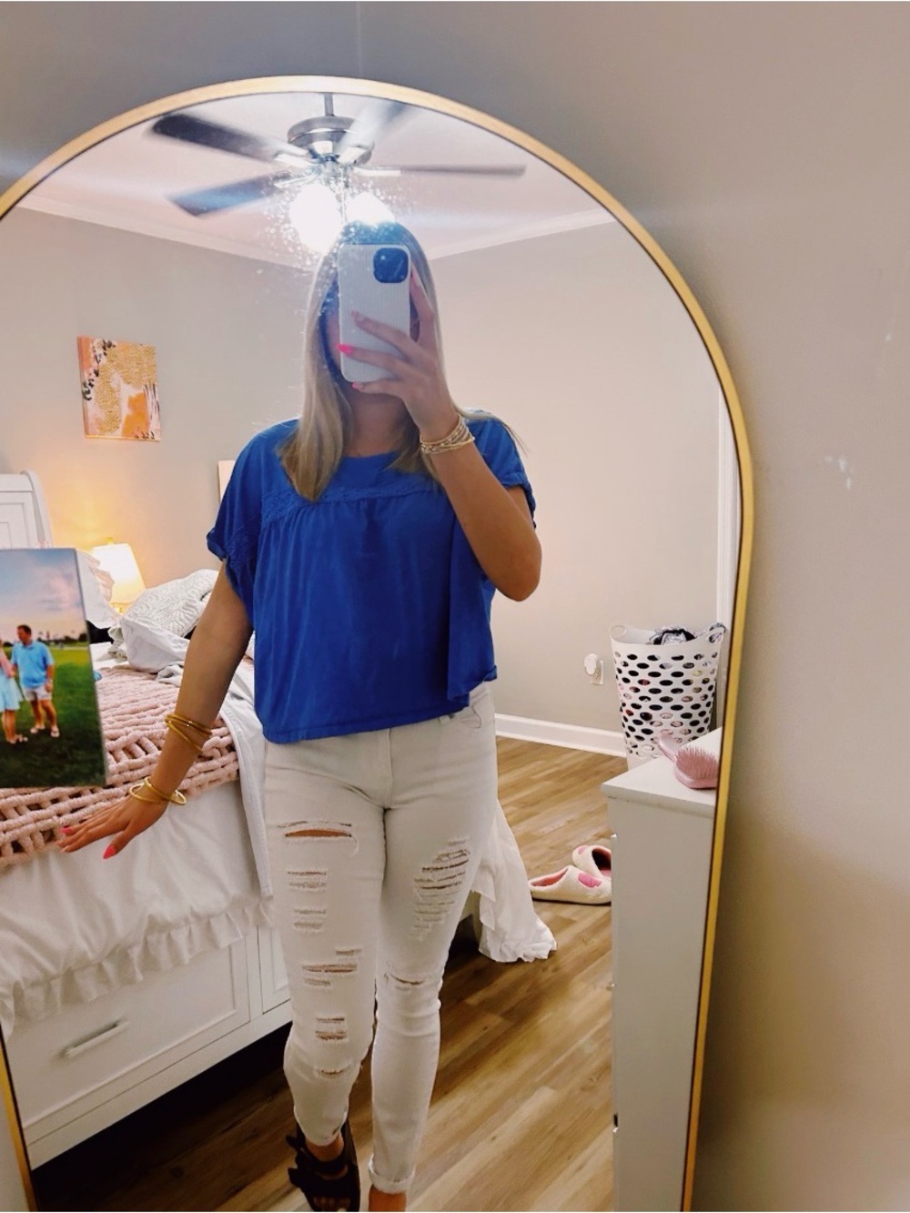 VIP White Distressed Skinny Jeans with Blue Top